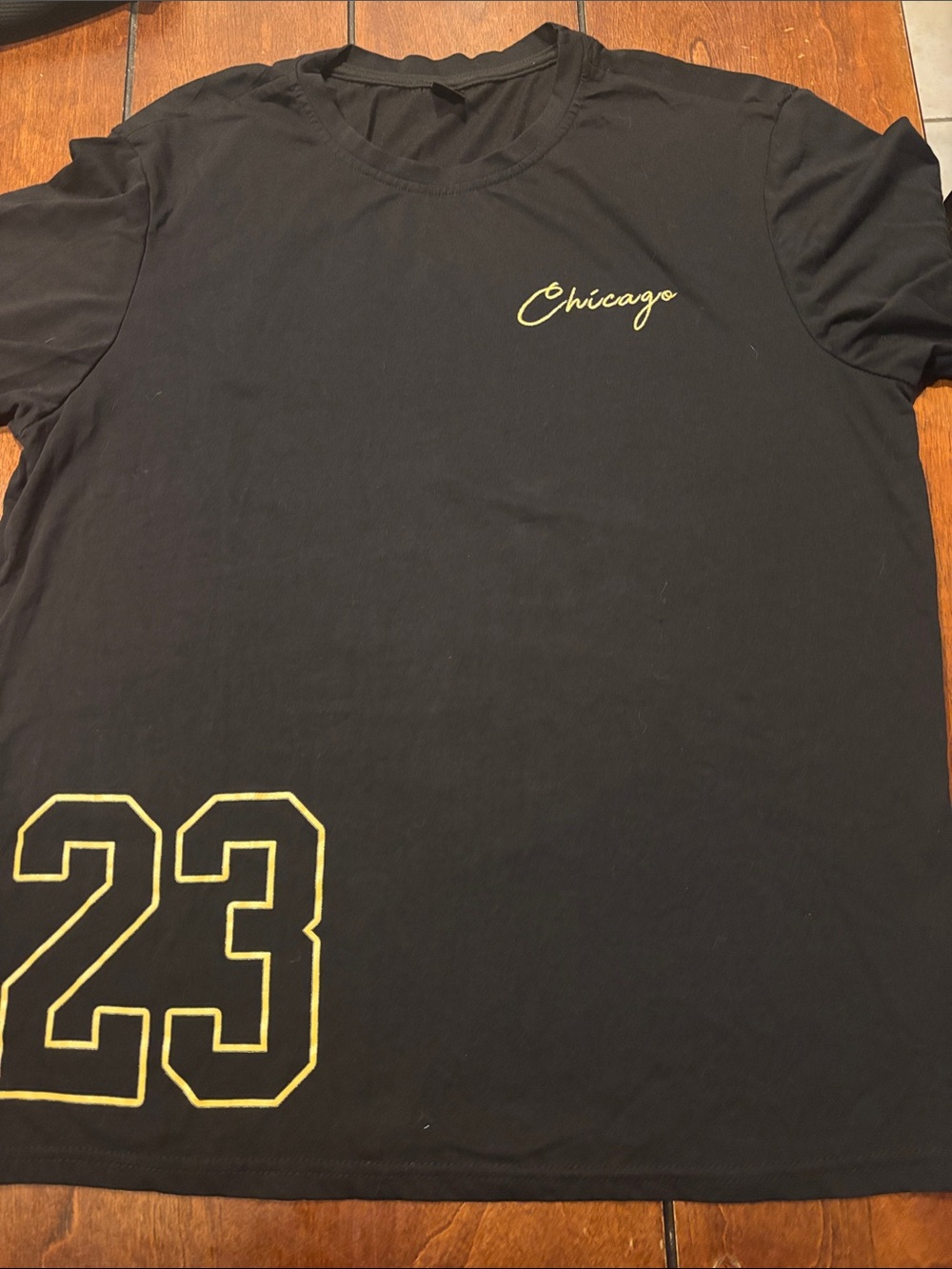 Men's Black Short Sleeve Tee with Yellow Chicago Script and '23 Detail